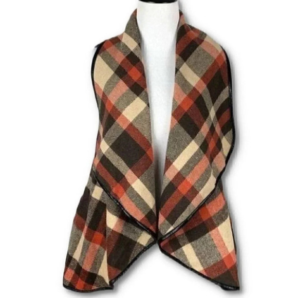 sweater size M plaid open front faux leather - Picture 9 of 9